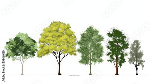 Vector watercolor of tree side view 4 isolated on white background for landscape 