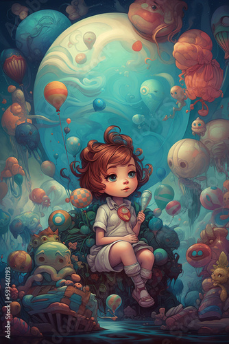 The Little Girl in the Land of Enchanted Creatures: A Comic-Style Digital Painting in Bright and Contrasting Colors