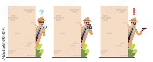 Detective, secret service agent looks out from behind wall with magnifying glass, camera and gun. Investigator finding evidences. Spy man in raincoat and hat. Cartoon flat vector set