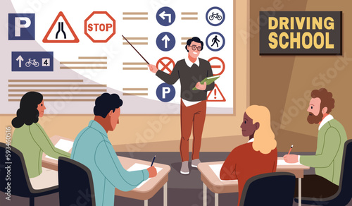 Driving school lesson. Men and women in group class listen to instructor, teacher talks about rules of road and signs, characters sitting at desk, cartoon flat isolated tidy vector concept