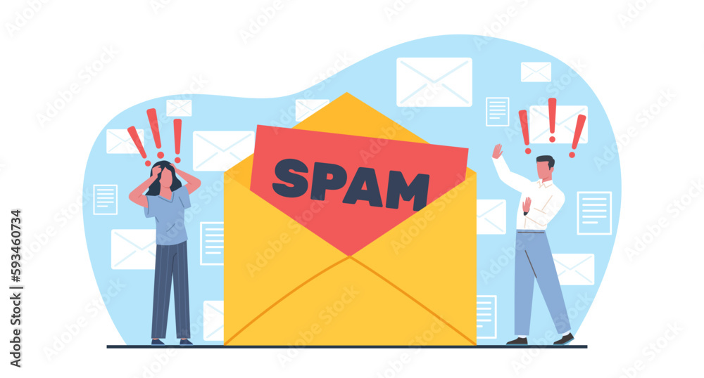 Email spam, huge envelope and tiny man and woman unhappy with noisy message. Tired man and woman, bad news traffic. Social media messenger. Cartoon flat style isolated vector concept Email spam, huge envelope and tiny man and woman unhappy with noisy message. Tired man and woman, bad news traffic. Social media messenger. Cartoon flat style isolated vector concept