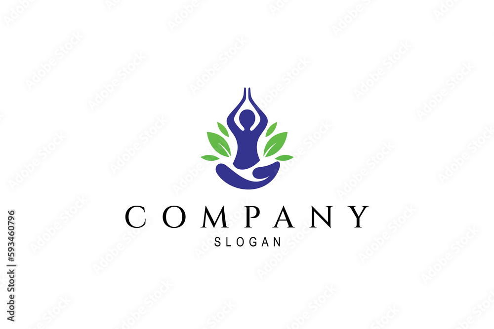 Healthy lifestyle logo with meditation symbol decorated with leaves in flat design style Healthy lifestyle logo with meditation symbol decorated with leaves in flat design style