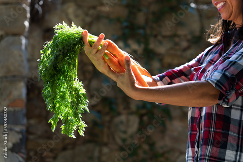 Smiling Working woman with a bunch of carrots just picked from the garden
