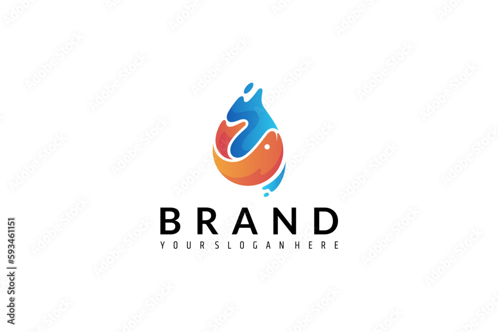 Water drop logo with fish combination in blue and orange flat design style