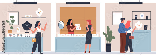 Jewelry store shopping. Salon visitors choose precious metals with stones products, expensive purchases and gifts, men and women buying gold cartoon flat illustration, nowaday vector concept