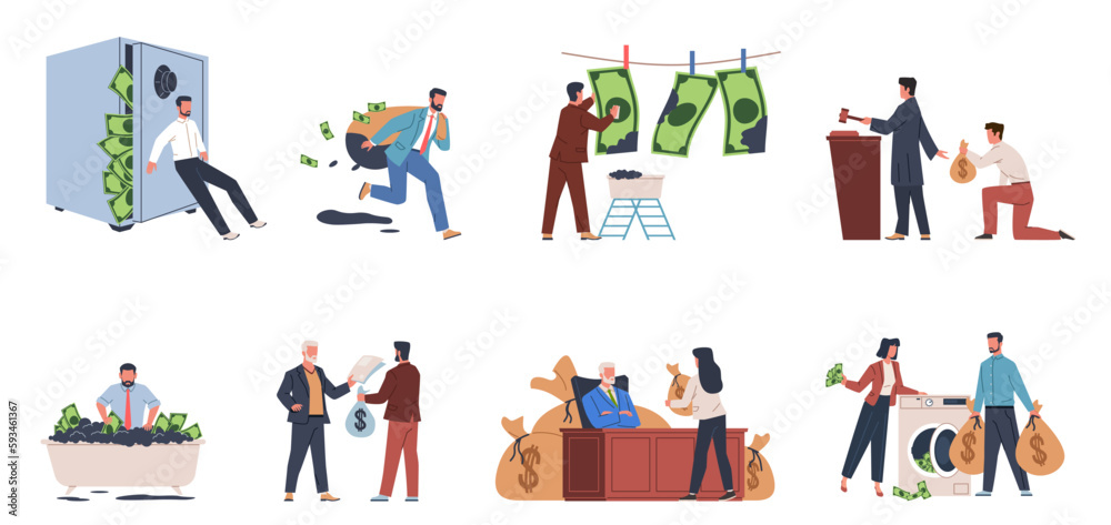 Money laundering. People breaking the law, fraud and financial machinations, income concealment, corruption and theft, washing dirty currency. Financial crime nowaday vector cartoon flat set