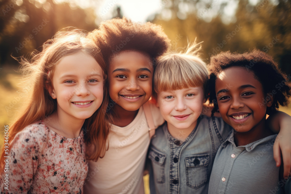 Obraz premium Cheerful joyful children looking at camera, group portrait of happy kids huddling, diverse multiethnic boys and girls together in nature, friendship or children's day concept, ai generated