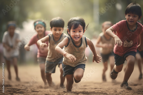 A group of happy children running outside, dirty and happy Asian boys and girls playing on the ground, kids participating in a sports, ai generated © ShniDesign