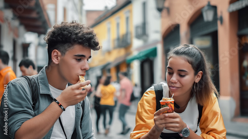 Cheerful carefree students eat fast food on the streets of city. Generative AI. High quality illustration