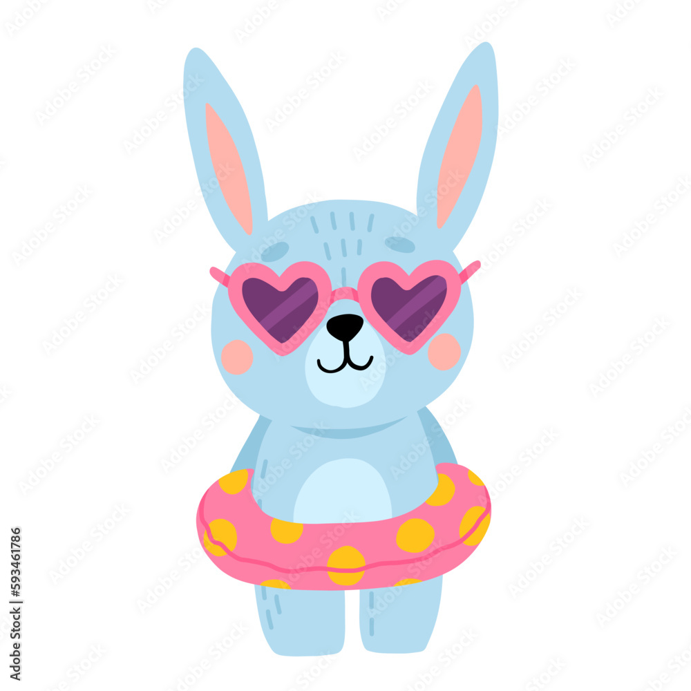 Cartoon baby rabbit in heart shaped sunglasses and swim ring. Cute blue bunny standing. Isolated vector illustration for childrens book.