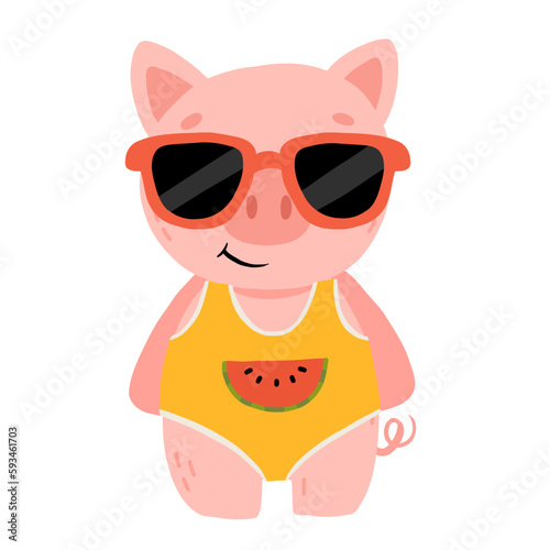 Cute cartoon baby pig in sun glasse and swimsuit smiling. Isolated vector illustration for childrens book.