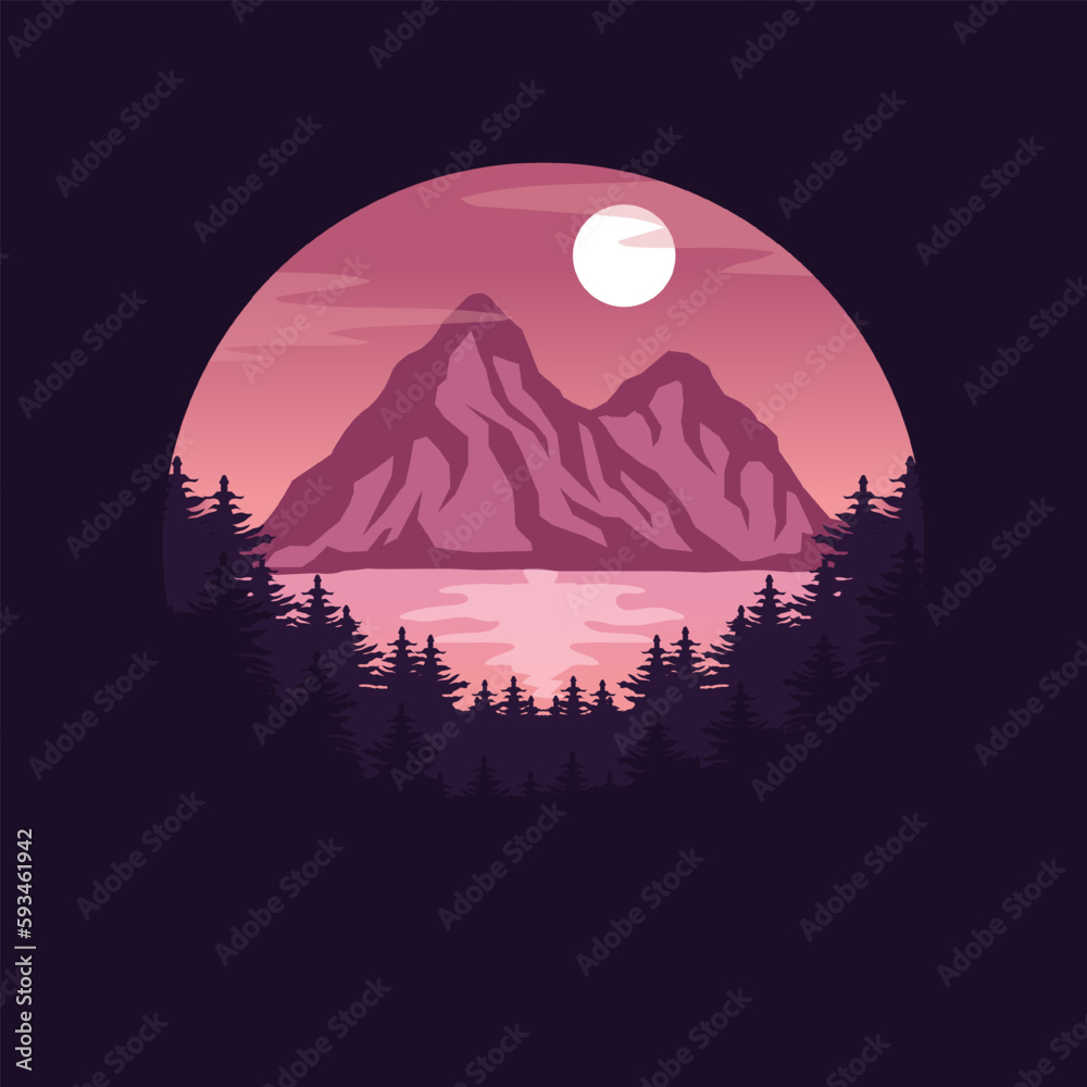 modern mountain landcscape with forest silhouette illustration