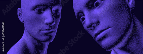 Abstract digital human head. Technology concept. Anonymous social masking. Dialogue, contact, conversational exchange between two individuals. 3d vector illustration.