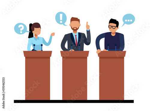 Presidential candidates address their supporters and hold political debates. Party leader. Man and woman standing at talk tribune. Government election. Cartoon flat illustration. Vector concept