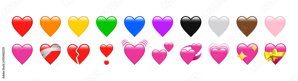 Iphone Whatsapp Heart Emojis set. Sparkling, growing, two Hearts, beating, revolving, broken, mending, heart exclamation, red, orange, yellow, green, blue, black, emoji. Facbook, Twitter, Samsung - obrazy, fototapety, plakaty 