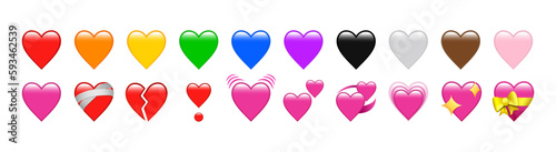 Iphone Whatsapp Heart Emojis set. Sparkling, growing, two Hearts, beating, revolving, broken, mending, heart exclamation, red, orange, yellow, green, blue, black, emoji. Facbook, Twitter, Samsung