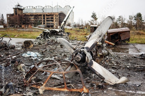 Debris of ukrainian airplanes destroyed at Hostomel airfield