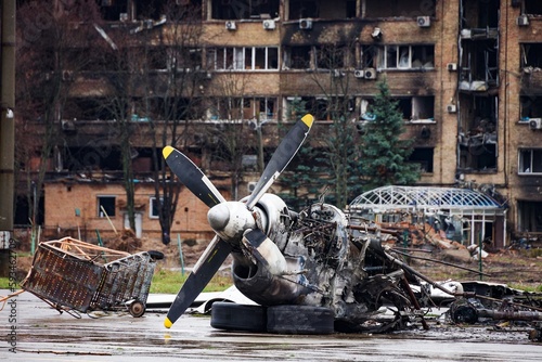 Debris of ukrainian airplanes destroyed at Hostomel airfield photo