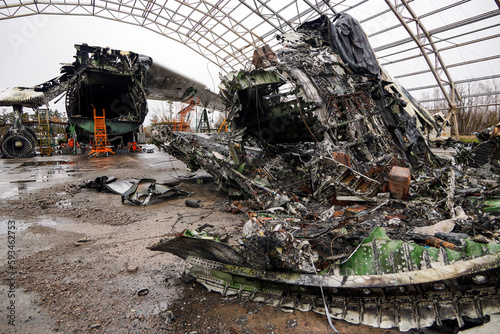Debris of ukrainian airplanes destroyed at Hostomel airfield