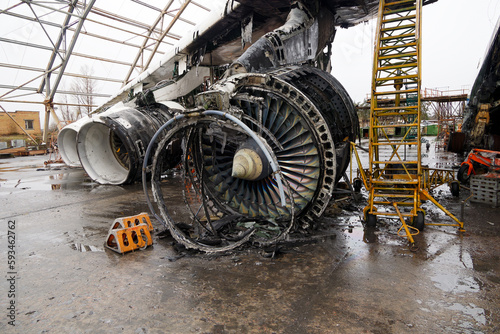 Debris of ukrainian airplanes destroyed at Hostomel airfield photo