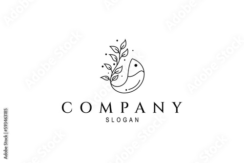Fish logo with tail combination plant shape in line art design style