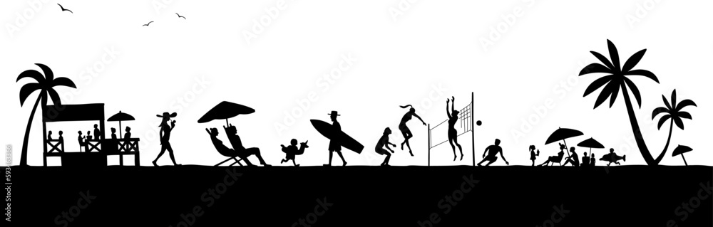 Obraz premium 夏のビーチで楽しむ人々 シルエットの風景