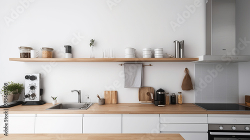 Simple minimalist modern kitchen cozy comfortable and elegant for house and apartment, cabinet, kitchen sink, and some kitchen appliances, dinning room, good interior. © Riocool