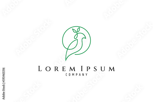 Bird logo with circle frame decorated with green leaves in one line design style