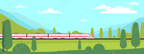 Super express train travels on railroad with mountains and forest in background. Modern rail landscape, summer nature panorama, road station. Cartoon flat illustration. Vector concept