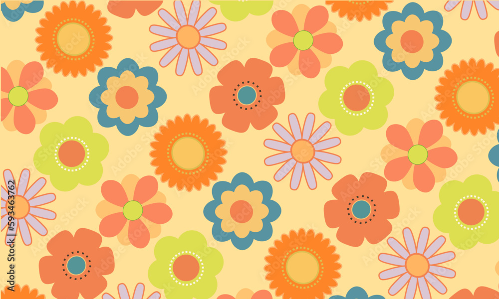 70s Retro bakcground. seventies flowers seamless pattern.  Hippie aesthetics, vintage style, fall colors. Retro textile design, vector illustration..eps