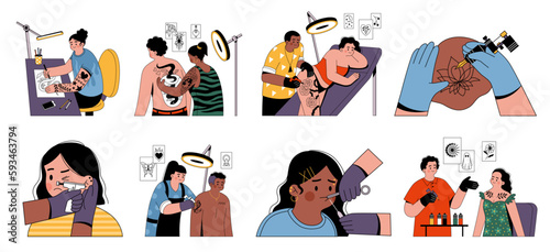 Tattoo artists work. Professional tattooists with clients, body ink, beautiful people, piercing master, modern cartoon flat characters. Drawing on skin creating process tidy vector set