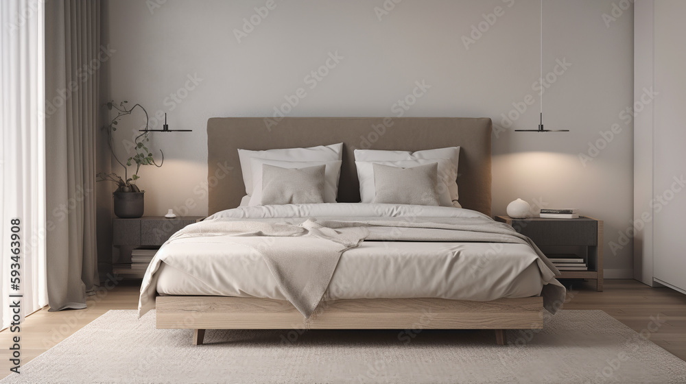 Simple minimalist modern bedroom cozy comfortable and elegant for house and apartment, good interior.
