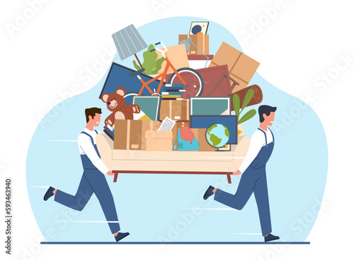 Two male movers carry couch with cardboard boxes, flower, pictures and books, fast moving service. Transportation and relocation company. Cartoon characters flat isolated vector concept