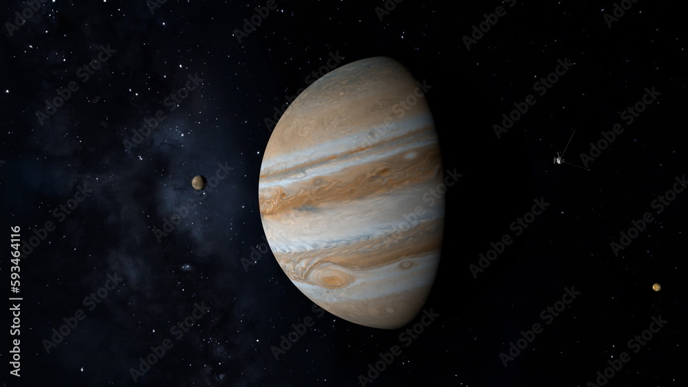 Space probe flying near Jupiter. Space exploration. 3D illustration.