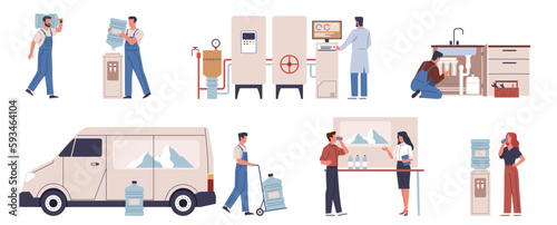 Water delivery service. Worker carries and installs bottles for cooler, drinking water purification and filtration. Courier automobile van. Cartoon flat illustration, nowaday vector set