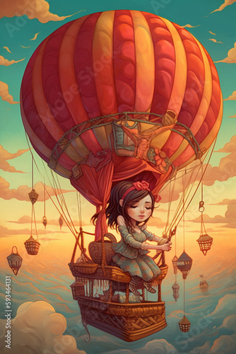 Adventurous Girl Soaring in a Hot Air Balloon Across a Magical World