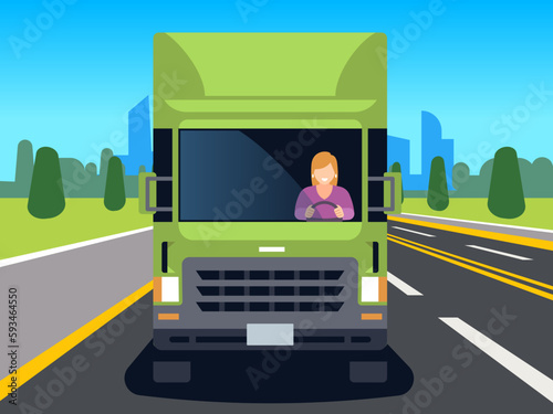 Woman behind wheel of truck driving on freeway. Female character driver. Delivery shipping. Green lorry on on autobahn. Professional courier. Cartoon flat isolated illustration. Vector concept