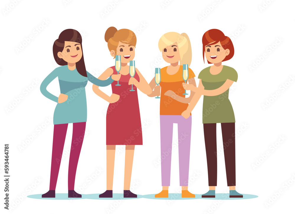 Women friends celebrating and drinking champagne. Birthday party with alcohol drinks, young female characters with wineglasses cheers, cartoon flat on white illustration. Vector concept Women friends celebrating and drinking champagne. Birthday party with alcohol drinks, young female characters with wineglasses cheers, cartoon flat on white illustration. Vector concept