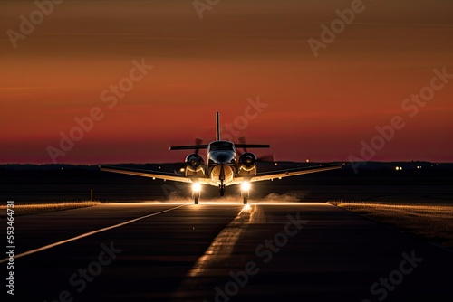 Single-Engine Aircraft Touching Down on Runway at Night AI generated