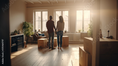 A young couple in a new apartment among cardboard boxes. Moving day. Generative AI
