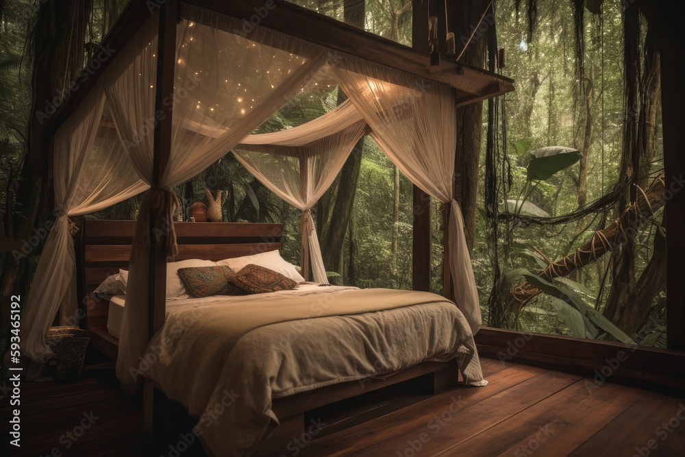 Cozy Bed Nestled Among Trees in Peaceful Forest Nature Escape AI generated
