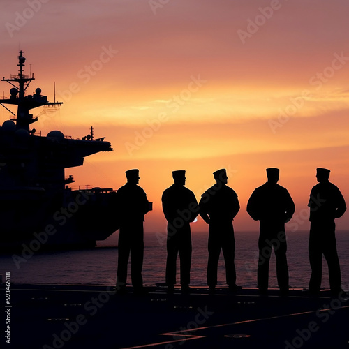 5 Navy service men standing on the edge of the aircraft carrier USS Enterprise (CV-6) at dawn in silhouette looking out at the vast expanse of the ocean with a sky filled with hues of orange and pink. photo