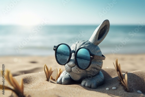 Cooler Osterhase mit Sonnenbrille und Ostereiern am Strand als Illustration (Generative AI)
