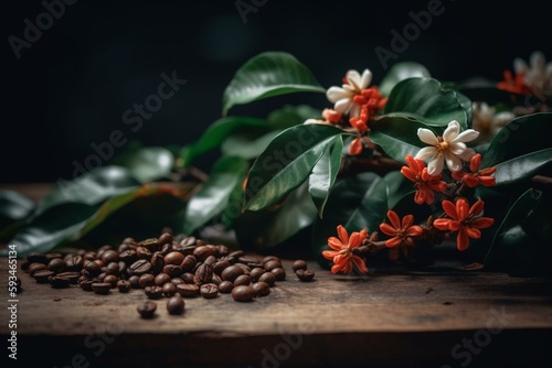 Mix of coffee beans and coffee tree blossom for background. Generative AI