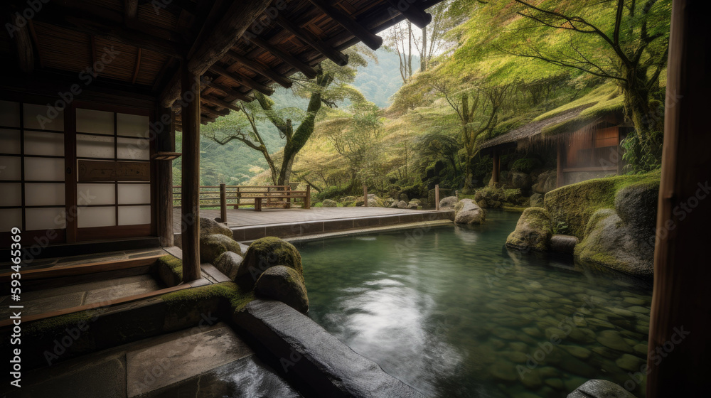 Open air hot spring onsen with waterfall and green nature with Generative AI Technology Open air hot spring onsen with waterfall and green nature with Generative AI Technology