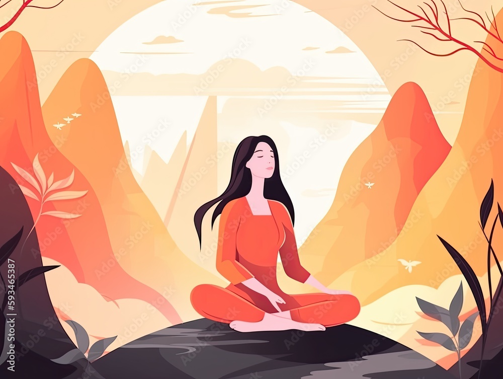  Healthy Wellness Woman Yoga Breathing and Meditating in Lotus Position AI generated