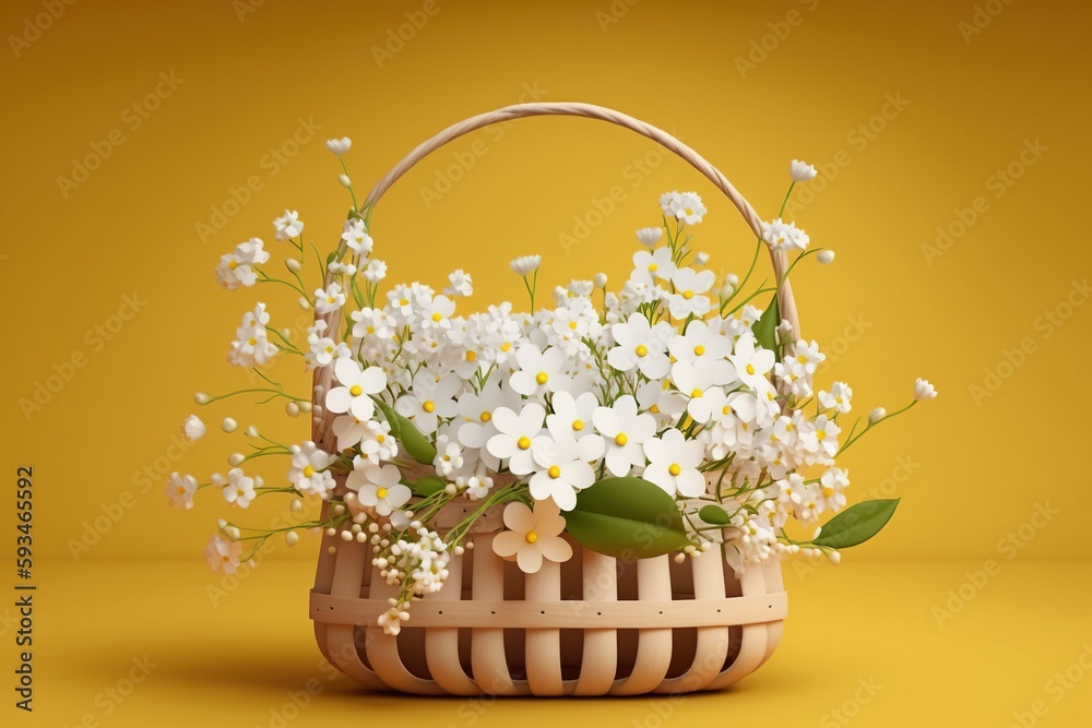 Bouquet of daisies in a basket on a yellow background