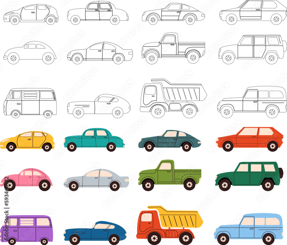 set of cars for children's coloring, vector