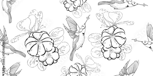 seamless background with flowers hummingbird and butterfly, evoke a variety of moods and emotions, depending on the specific design and color palette used
