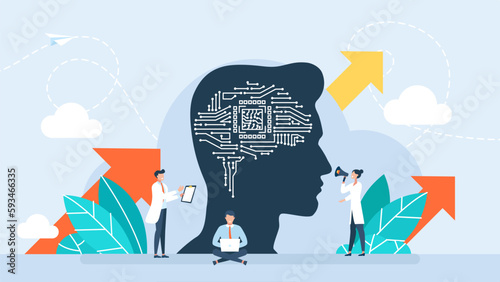 Innovative information technology. Augmented intelligence, machine learning metaphor. Scientists creating artificial intelligence, writing codes, programming machine learning. Vector illustration